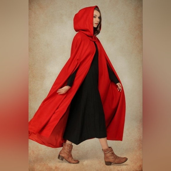 Linennaive Jackets & Blazers - Linennaive Red Outlander Hooded Wool Cloak